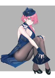 Rule 34 | 1girl, azur lane, black footwear, black prince (azur lane), black prince (fair maid spring) (azur lane), blue dress, blue gloves, breasts, china dress, chinese clothes, cleavage, dress, earrings, echj, elbow gloves, gloves, grey background, hat, highres, jewelry, looking at viewer, medium breasts, pantyhose, pink eyes, pink hair, shoes, short hair, sitting, sitting on lap, sitting on person, solo