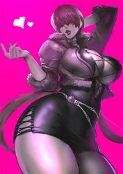 Rule 34 | 1girl, black skirt, breasts, bursting breasts, cleavage cutout, clothing cutout, cross-laced clothes, fur trim, hair over eyes, heart, jacket, kisuu, large breasts, legs, long hair, shermie (kof), skirt, snk, solo, split ponytail, the king of fighters
