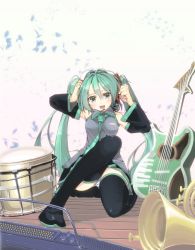 Rule 34 | 1girl, aqua eyes, aqua hair, bad id, bad pixiv id, bare shoulders, blue striped panties, detached sleeves, furukawa itsuse, guitar, hatsune miku, headset, instrument, long hair, looking at viewer, open mouth, panties, pantyshot, skirt, smile, solo, striped clothes, striped panties, thighhighs, twintails, underwear, upskirt, very long hair, vocaloid, zettai ryouiki
