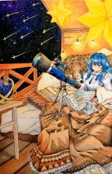 Rule 34 | + +, 1girl, arknights, astesia (arknights), bed, between fingers, book, bright pupils, celestial globe, comet, constellation print, dreadthedream, expressionless, fur trim, head on hand, highres, holding, lamp, moon phases, night, open book, plaid, shirt, sky, small stellated dodecahedron, solo, star (sky), star (symbol), star chart, stargazing, starry sky, starry sky print, table, telescope, traditional media, tripod, white pupils, white shirt, wooden floor, wooden railing, wooden table
