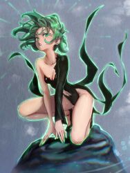 Rule 34 | 1girl, black dress, breasts, cleavage, colorized, dress, floating clothes, green eyes, green hair, hehevich, highres, knee up, long sleeves, looking at viewer, medium breasts, navel, one-punch man, parted lips, rock, shiny skin, solo, tatsumaki, teeth, third-party edit, torn clothes, torn dress