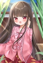 Rule 34 | 1girl, bamboo, bamboo forest, bamboo print, blouse, blurry, blush, bow, bowtie, breasts, brown hair, collarbone, collared shirt, commentary request, eientei, fence, forest, frills, hand up, highres, houraisan kaguya, house, leaf, leaf print, long hair, long sleeves, medium breasts, nature, okome2028, open mouth, pink bow, pink bowtie, pink shirt, red eyes, red skirt, shirt, skirt, smile, solo, sparkle, sunlight, tongue, touhou, wall, wide sleeves