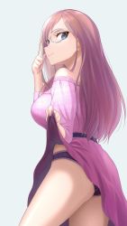 Rule 34 | 1girl, adjusting eyewear, bad id, bad pixiv id, blue eyes, clothes lift, dress, flashing, grey-framed eyewear, highres, idolmaster, idolmaster cinderella girls, lace, lace-trimmed panties, lace trim, lifting own clothes, long hair, looking at viewer, panties, purple dress, purple hair, purple panties, simple background, skirt, skirt lift, smile, solo, straight hair, underwear, white background, yagami makino, yama tatsuo