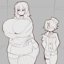 Rule 34 | 1girl, age difference, blush, breasts, cleavage, cowboy shot, curvy, duskyer, gigantic breasts, half-closed eyes, hat, honkai: star rail, honkai (series), long hair, misha (honkai: star rail), monochrome, size difference, sketch, smile, standing, thick thighs, thighhighs, thighs, trailblazer (honkai: star rail), wide hips, zettai ryouiki