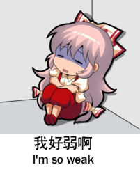 Rule 34 | 1girl, against wall, bilingual, bow, chibi, chinese commentary, chinese text, closed eyes, collared shirt, commentary request, english text, fujiwara no mokou, hair between eyes, hair bow, jokanhiyou, long hair, lowres, meme, mixed-language text, red footwear, red shorts, shaded face, shirt, short sleeves, shorts, sitting, solo, suspenders, touhou, translation request, very long hair