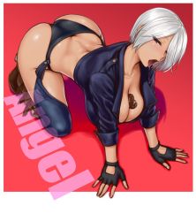 Rule 34 | 1girl, all fours, angel (kof), ass, between breasts, breasts, candy, chocolate, chocolate heart, cleavage, fingerless gloves, gloves, grey hair, hair over one eye, heart, large breasts, legs, looking at viewer, naughty face, open mouth, saliva, short hair, snk, solo, the king of fighters, thighs, tongue, tongue out, valentine