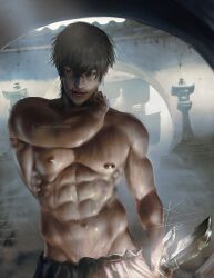 Rule 34 | 1boy, abs, armpit hair, armpits, bara, black hair, fushiguro touji, holding, holding weapon, jujutsu kaisen, large pectorals, looking at viewer, male focus, muscular, muscular male, navel, nipple piercing, nipples, pants, patreon username, pectorals, piercing, scar, scar on face, scar on mouth, short hair, smile, solo, topless male, weapon, white pants, xteve abanto