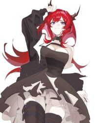 Rule 34 | 1girl, arknights, bare shoulders, black dress, breasts, cleavage, cowboy shot, dress, horns, hyun1136297, large breasts, long hair, purple eyes, red hair, simple background, solo, surtr (arknights), white background