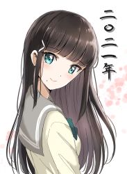 Rule 34 | 1girl, aqua eyes, artist name, artist request, black hair, blush, breasts, commentary request, female focus, green eyes, green neckwear, hair ornament, hairclip, highres, kurosawa dia, long hair, long sleeves, looking at viewer, looking back, love live!, love live! sunshine!!, medium breasts, mole, mole under mouth, neckerchief, necktie, neckwear request, parted lips, sailor collar, school uniform, shirt, sideboob, sin (sin52y), smile, solo, translated, translation request, upper body, uranohoshi school uniform, white background, white shirt