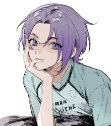 Rule 34 | 1boy, blue lock, blue shirt, hand up, looking at viewer, male focus, mikage reo, purple eyes, purple hair, shirt, shizuka000217, short hair, short sleeves, simple background, solo, upper body, white background