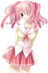 Rule 34 | 1girl, ;), arms behind back, blazer, blush, buttons, hair ribbon, jacket, long sleeves, looking at viewer, neckerchief, one eye closed, original, pink hair, pleated skirt, red eyes, red ribbon, red skirt, ribbon, sailor collar, sazaki ichiri, shirt, simple background, skirt, smile, solo, standing, two side up, white background, white shirt