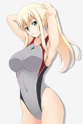 Rule 34 | 10s, 1girl, adapted costume, alternate hairstyle, armpits, arms behind head, bismarck (kancolle), blonde hair, blue eyes, breasts, competition swimsuit, covered navel, cross, fuuma nagi, grey background, grey one-piece swimsuit, iron cross, kantai collection, large breasts, long hair, looking at viewer, one-piece swimsuit, ponytail, shadow, solo, swimsuit, tying hair