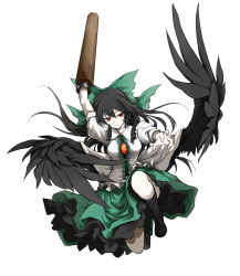 Rule 34 | 1girl, absurdres, arm cannon, arm up, asymmetrical footwear, bird wings, black footwear, black hair, black skirt, black socks, black wings, blouse, bow, center frills, closed mouth, collared shirt, commentary, expressionless, feathered wings, floating hair, frilled shirt, frilled shirt collar, frills, full body, green bow, green skirt, hair between eyes, hair bow, hand up, highres, kneehighs, leg up, long hair, looking away, low wings, mismatched footwear, outstretched arms, pale skin, petticoat, puffy short sleeves, puffy sleeves, reaching, red eyes, reiuji utsuho, shimoda masaya, shirt, shoes, short sleeves, sidelocks, simple background, single shoe, skirt, socks, solo, touhou, weapon, white background, white shirt, wings