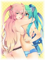Rule 34 | 2girls, :o, animal ears, aqua eyes, aqua hair, arm around neck, ass, bad id, bad pixiv id, bare arms, bare legs, bare shoulders, blue eyes, blue nails, blue panties, blue ribbon, blush, breasts, cat ears, cat girl, cat tail, clenched hand, closed mouth, couple, female focus, hair censor, hair over breasts, hair ribbon, half-closed eyes, hatsune miku, heart, heart background, highres, hug, large breasts, legs, lips, long hair, looking at another, looking at viewer, looking back, megurine luka, multiple girls, nail polish, navel, number tattoo, open mouth, panties, pink hair, pink nails, pink panties, ribbon, shoulder tattoo, shy, sideboob, small breasts, standing, striped clothes, striped panties, surprised, tail, tattoo, topless, twintails, underwear, very long hair, vocaloid, yellow background, yuri, yuu (lyric)