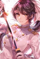 Rule 34 | 1girl, azur lane, betti (maron), black hair, bow, breasts, brown eyes, buttons, closed mouth, drawing sword, epaulettes, gloves, hair bow, highres, holding, holding sword, holding weapon, jacket, katana, light rays, lips, long hair, long sleeves, looking at viewer, medium breasts, military, military uniform, naval uniform, ponytail, sheath, smile, solo, sparkle, sword, takao (azur lane), uniform, unsheathing, weapon, white gloves, white jacket