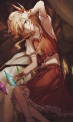 Rule 34 | 1girl, absurdres, ascot, blonde hair, collarbone, collared shirt, couch, crystal, e (you33ou), feet out of frame, flandre scarlet, frilled skirt, frills, hand on own head, hat, hat ribbon, highres, holding, light smile, long hair, looking at viewer, lying, mob cap, on couch, parted lips, puffy short sleeves, puffy sleeves, red eyes, red ribbon, red skirt, red vest, ribbon, shirt, short sleeves, skirt, slit pupils, socks, solo, touhou, vest, white hat, white shirt, white socks, wings, wrist cuffs, yellow ascot