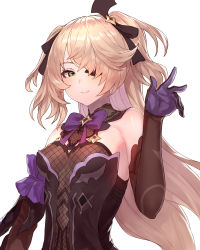 Rule 34 | 1girl, black ribbon, blonde hair, bow, bowtie, breasts, closed mouth, commentary request, elbow gloves, eyepatch, fischl (genshin impact), genshin impact, gloves, green eyes, hair ribbon, hand up, highres, long hair, looking at viewer, medium breasts, purple bow, purple bowtie, purple gloves, ribbon, simple background, smile, solo, two side up, white background, yu mochi (kamiinu)