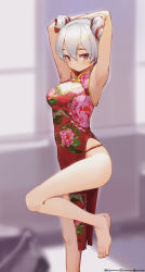 Rule 34 | 1girl, aduo, armpits, barefoot, blush, breasts, china dress, chinese clothes, cleavage, closed mouth, commentary request, double bun, dress, hair bun, highres, legs, looking at viewer, original, pixiv id, red eyes, short hair, solo, standing, standing on one leg, thighs, toes, twitter username, white hair