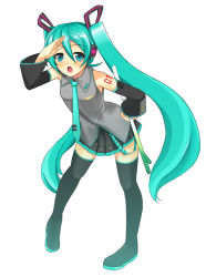 Rule 34 | 1girl, aqua eyes, aqua hair, arm up, bad id, bad pixiv id, black footwear, black thighhighs, blush, breasts, char, detached sleeves, full body, green hair, grey shirt, hair between eyes, hatsune miku, holding, long hair, long sleeves, looking at viewer, miniskirt, necktie, open mouth, pigeon-toed, pleated skirt, salute, shirt, shoes, skirt, sleeveless, sleeveless shirt, solo, spring onion, standing, suspender skirt, suspenders, thighhighs, twintails, very long hair, vocaloid, wide sleeves, zettai ryouiki