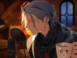 Rule 34 | 1boy, 6uoou, barbell piercing, black hair, black jacket, black scarf, black shirt, blurry, blurry background, coffee, collared shirt, commentary request, cup, ear piercing, earrings, eyelashes, fireplace, green eyes, grey hair, hand up, hex haywire, highres, holding, holding cup, indoors, industrial piercing, jacket, jewelry, korean commentary, light particles, linked piercing, male focus, microphone, mug, multicolored hair, necktie, nijisanji, nijisanji en, open clothes, open jacket, open mouth, parted bangs, piercing, pop filter, profile, red necktie, scarf, shirt, short hair, sidelocks, smile, solo, spiked ear piercing, spikes, steam, streaked hair, upper body, virtual youtuber, window