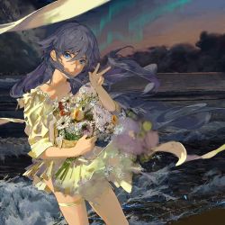 Rule 34 | 1girl, black hair, blue eyes, bouquet, closed mouth, dress, flower, fu hua, highres, holding, holding bouquet, honkai (series), honkai impact 3rd, long hair, looking at viewer, night, night sky, outdoors, skavenprime, sky, solo, v, water, white flower, yellow dress