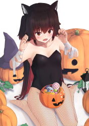 Rule 34 | 1girl, animal ears, bare shoulders, black hair, blush, breasts, brown eyes, cleavage, ebiri fy, fangs, halloween, highres, jack-o&#039;-lantern, kittysuit, leotard, long hair, looking at viewer, multicolored hair, nontraditional playboy bunny, open mouth, original, pantyhose, playboy bunny, pumpkin, red hair, simple background, sitting, small breasts, solo