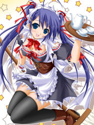 Rule 34 | 1girl, :d, akimoto dai, blue eyes, blue hair, breasts, cleavage, maid, matching hair/eyes, mop, open mouth, original, smile, solo, star (symbol), thighhighs, twintails, zettai ryouiki