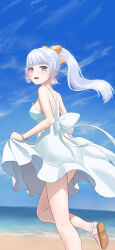 Rule 34 | 1girl, absurdres, ayaka (genshin impact), blue eyes, blue hair, blue sky, blunt bangs, blush, bracelet, breasts, clothes lift, cloud, day, dress, dress lift, genshin impact, hair ornament, hair ribbon, highres, holding, jewelry, long hair, looking at viewer, medium breasts, mole, mole under eye, open mouth, outdoors, ponytail, reylan520, ribbon, sandals, shoes, sidelocks, sky, sleeveless, sleeveless dress, smile, solo, sundress, tress ribbon, white dress, white hair