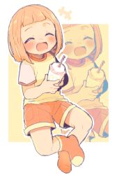 Rule 34 | 1girl, :d, blush, bob cut, child, closed eyes, cup, daughter (yoru mac), disposable cup, drinking straw, holding, holding cup, laughing, mcdonald&#039;s, nakajima lupus, open mouth, orange shorts, orange socks, outline, shirt, short sleeves, shorts, sitting, smile, socks, solo, white outline, yellow shirt, yoru mac
