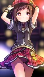 Rule 34 | &gt;:(, 10s, 1girl, adjusting clothes, adjusting headwear, arms up, bang dream!, beret, blurry, blurry background, bokeh, bracelet, brown hair, commentary request, depth of field, frown, hat, hazawa tsugumi, jewelry, miniskirt, necktie, plaid, plaid headwear, plaid skirt, pleated skirt, red eyes, shipii (jigglypuff), short hair, short sleeves, skirt, solo, strap, studded bracelet, v-shaped eyebrows