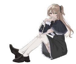 Rule 34 | 1girl, absurdres, assault lily, black capelet, black footwear, black ribbon, black skirt, brown hair, capelet, closed mouth, commentary request, danji bang, detached sleeves, elbows on knees, frilled skirt, frilled sleeves, frills, from side, full body, hair between eyes, hair ribbon, hand on own chin, hands up, head rest, heterochromia, high-waist skirt, highres, knees up, korean commentary, kuo shenlin, light blush, light smile, loafers, long hair, looking at viewer, looking to the side, neck ribbon, one side up, red eyes, ribbon, school uniform, shirt, shoes, simple background, sitting, sketch, skirt, solo, suspender skirt, suspenders, thighhighs, upskirt, white background, white shirt, white thighhighs, yellow eyes, yurigaoka girls academy school uniform
