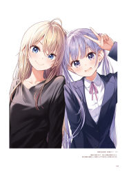 Rule 34 | 2girls, black shirt, blonde hair, blue eyes, closed mouth, collar, copyright name, dress shirt, hair between eyes, head tilt, heads together, highres, jacket, long hair, long sleeves, looking at viewer, multiple girls, neck ribbon, new game!, official art, open mouth, page number, pink ribbon, purple eyes, purple jacket, ribbon, shirt, silver hair, smile, suzukaze aoba, tokunou shoutarou, upper body, v, white shirt, yagami kou