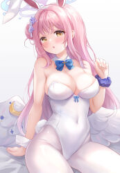 Rule 34 | 1girl, angel wings, animal ears, blue archive, breasts, cleavage, commentary request, crescent, detached collar, feathered wings, flower, frilled ribbon, frills, hair flower, hair ornament, hair ribbon, halo, large breasts, leotard, looking at viewer, low wings, mika (blue archive), nikoo, pantyhose, pink hair, pink halo, playboy bunny, purple flower, rabbit ears, ribbon, solo, strapless, strapless leotard, thighs, white background, white leotard, white pantyhose, white ribbon, white wings, wings, yellow eyes