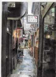 Rule 34 | alley, chiikame, kyoto, lantern, original, painting (medium), photo-referenced, real world location, reflection, scenery, traditional media, watercolor (medium), watercolor pencil (medium)