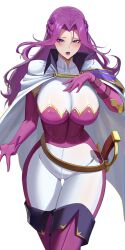 1girl absurdres belt blush boots braid breasts brown_belt cape code_geass commentary cornelia_li_britannia detached_sleeves english_commentary gluteal_fold hair_intakes hand_on_own_chest high_collar highres large_breasts long_hair multicolored_pants open_mouth pants purple_eyes purple_hair rasipan sheath sheathed sword thigh_boots weapon white_background white_cape