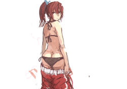 Rule 34 | 10s, 1girl, ass, back, bikini, bikini under clothes, butt crack, clothes pull, free!, frown, hair ribbon, highres, long hair, looking back, matsuoka gou, panties (pantsu-pirate), pants, pants pull, ponytail, pulled by self, red eyes, red hair, ribbon, side-tie bikini bottom, solo, sweat, sweatpants, swimsuit, swimsuit under clothes