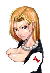 Rule 34 | 1girl, android 18, blonde hair, blue eyes, breasts, cleavage, closed mouth, commentary request, dragon ball, dragonball z, earrings, highres, jewelry, laio, large breasts, looking at viewer, short hair, simple background, solo, white background