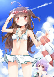 Rule 34 | 10s, 2girls, :3, adjusting clothes, adjusting headwear, ahoge, alternate hairstyle, ball, beachball, breasts, brown hair, flat chest, goggles, goggles on head, highres, innertube, kantai collection, kuma (kancolle), looking at viewer, multiple girls, navel, purple hair, red eyes, shiina 2265, small breasts, swim ring, swimsuit, tama (kancolle), tousaki shiina, two side up, underboob