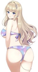 Rule 34 | 1girl, armpit crease, ass, bare arms, bare shoulders, bikini, blonde hair, blue bikini, blush, breasts, butt crack, closed mouth, commentary, cowboy shot, dolphin wave, earrings, from behind, glint, hair intakes, hair ornament, highres, jewelry, kirahoshi kanna, large breasts, leaning forward, long hair, looking at viewer, looking back, multicolored bikini, multicolored clothes, pink bikini, purple bikini, shoulder blades, sidelocks, simple background, smile, solo, standing, star (symbol), star hair ornament, strapless, strapless bikini, surippa1010, swimsuit, thigh gap, underboob, very long hair, wavy hair, white background