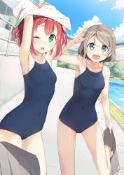 Rule 34 | 2girls, blue eyes, blue sky, blue one-piece swimsuit, blush, breasts, brown hair, chain-link fence, clothes pull, cloud, cloudy sky, competition school swimsuit, competition swimsuit, day, fence, green eyes, grey hair, highres, kurosawa ruby, looking at viewer, love live!, love live! sunshine!!, multiple girls, one-piece swimsuit, one eye closed, open mouth, outdoors, pool, pool ladder, poolside, red hair, salute, school swimsuit, shirt, shirt pull, short hair, skirt, unworn skirt, sky, small breasts, smile, swimsuit, tsubure manjuu, two side up, undressing, watanabe you, water