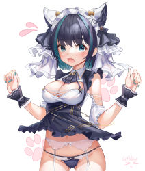 Rule 34 | 1girl, absurdres, animal ears, aqua eyes, aqua hair, aqua nails, ascot, azur lane, black ascot, black bow, black hair, black panties, blush, bow, bow panties, breasts, cat ears, cheshire (azur lane), cleavage, clothes lift, cowboy shot, cross-laced clothes, detached sleeves, dress, dress lift, embarrassed, fang, flying sweatdrops, frills, garter belt, giftforalice, gluteal fold, groin, hairband, highres, looking at viewer, maid headdress, medium breasts, microdress, multicolored hair, nail polish, navel, open mouth, panties, panties over garter belt, paw print, skin fang, solo, streaked hair, striped clothes, striped panties, underwear, w arms, white background, white bow, wrist cuffs