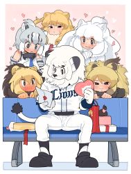 Rule 34 | 1boy, 5girls, :3, animal ears, annoyed, barbary lion (kemono friends), bare shoulders, baseball uniform, behind another, bench, big hair, blush, brown hair, cape lion (kemono friends), cave lion (kemono friends), character request, closed mouth, clothes writing, crossover, detached sleeves, drooling, full body, fur collar, fur scarf, furry, furry male, furry with non-furry, gift, gloves, grey hair, hair between eyes, half-closed eyes, heart, heart-shaped pupils, hetero, highres, holding, interspecies, kemono friends, letter, light brown hair, lion (kemono friends), lion ears, lion tail, long hair, looking at another, looking down, love letter, mascot, medium hair, multicolored hair, multiple girls, necktie, nippon professional baseball, nishiki kazue, nose blush, open mouth, own hands together, parted bangs, saitama seibu lions, scarf, scratching head, shirt, shoes, sitting, smile, snout, sportswear, symbol-shaped pupils, tail, two-tone hair, valentine, white hair, white lion (kemono friends), wide-eyed