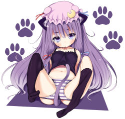 Rule 34 | 1girl, absurdres, animal ears, bad id, bad pixiv id, between legs, black thighhighs, blush, camisole, cat ears, cat girl, cat tail, crescent, female focus, frown, hair ribbon, hat, highres, kemonomimi mode, long hair, looking at viewer, lying, navel, on back, over-kneehighs, panties, panty pull, patchouli knowledge, paw print, pokachu, purple eyes, purple hair, ribbon, simple background, solo, spread legs, striped clothes, striped panties, tail, tail between legs, thighhigh dangle, thighhighs, touhou, undershirt, underwear, underwear only, white background