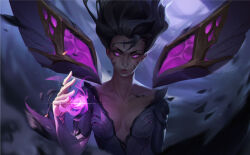 Rule 34 | 1girl, absurdres, armor, blurry, blurry background, bodysuit, breasts, charging forward, cleavage, detached wings, facial mark, facial tattoo, floating hair, forehead mark, forehead tattoo, highres, incoming attack, kai&#039;sa, league of legends, long hair, looking at viewer, medium breasts, outdoors, parted lips, plunging neckline, purple bodysuit, purple eyes, purple hair, purple lips, pursed lips, serious, shadow, shoulder armor, skin tight, solo, tattoo, underground, upper body, v-shaped eyebrows, whiskers, wind, wings, zachary liao