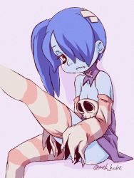Rule 34 | 1girl, bandages, blue hair, blue skin, colored skin, crossed bandaids, detached collar, detached sleeves, dressing, frown, hair over one eye, leg up, long sleeves, looking down, mtk hoshi, pink background, red eyes, side ponytail, sitting, skullgirls, solo, squigly (skullgirls), stitched mouth, stitches, striped clothes, striped sleeves, striped thighhighs, thighhighs, zombie