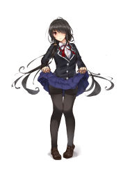 Rule 34 | 10s, 1girl, absurdres, black hair, black pantyhose, blazer, buttons, clothes lift, date a live, full body, highres, jacket, lifted by self, loafers, looking at viewer, pantyhose, red eyes, school uniform, shoes, simple background, skirt, skirt hold, skirt lift, standing, thigh gap, thighband pantyhose, tokisaki kurumi, touhu (f&quot;riend coffee), touhu (friend coffee), white background