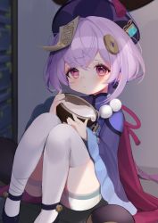 Rule 34 | 1girl, bead necklace, beads, blush, braid, coin, genshin impact, hair between eyes, hat, highres, hirami03, jewelry, long sleeves, necklace, purple eyes, purple hair, purple hat, qingdai guanmao, qiqi (genshin impact), sitting, solo, talisman, thighhighs, white thighhighs, wide sleeves