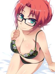 Rule 34 | 1girl, alternate hairstyle, aqua eyes, bed, bespectacled, bra, breasts, cleavage, collarbone, commentary request, flower, glasses, green bra, green panties, hair up, hand on own chest, hayashi custom, highres, hong meiling, large breasts, looking at viewer, on bed, panties, red hair, rose, simple background, sitting, smile, solo, touhou, underwear, underwear only, white flower, white rose