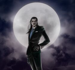 Rule 34 | 1boy, black gloves, black hair, black jacket, black pants, closed mouth, collared shirt, formal, full moon, gloves, gustav munchausen, jacket, long hair, looking at viewer, m.u.g.e.n, male focus, moon, night, night sky, outdoors, pants, saenagi, shirt, sky, solo, standing, the king of fighters, the king of fighters ex2, white shirt