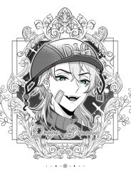 Rule 34 | 1boy, bandaid, bandaid on cheek, bandaid on face, blue eyes, bow, character name, chuchumimipupu, commentary request, diego brando, fangs, greyscale, hat, hat bow, highres, jojo no kimyou na bouken, male focus, monochrome, open mouth, portrait, smile, solo, sparkling aura, spot color, steel ball run, sweater, turtleneck, turtleneck sweater